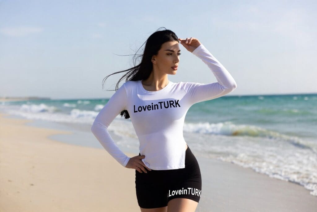 Adalar escort sahilinde LoveinTURK markalı kıyafetle poz veren seçici escort modeli, düşük görünürlük ve sessiz lüks vurgusu.
