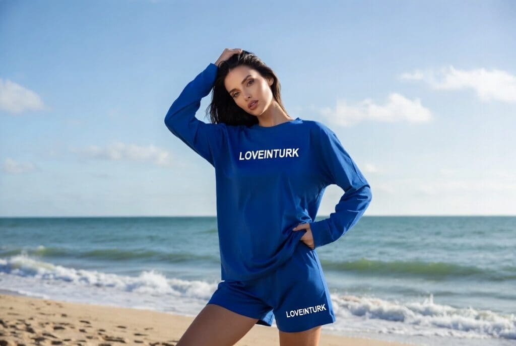 Şile kumsalında LoveinTURK markalı kıyafetle çekilmiş sade, estetik ve premium escort görseli.
