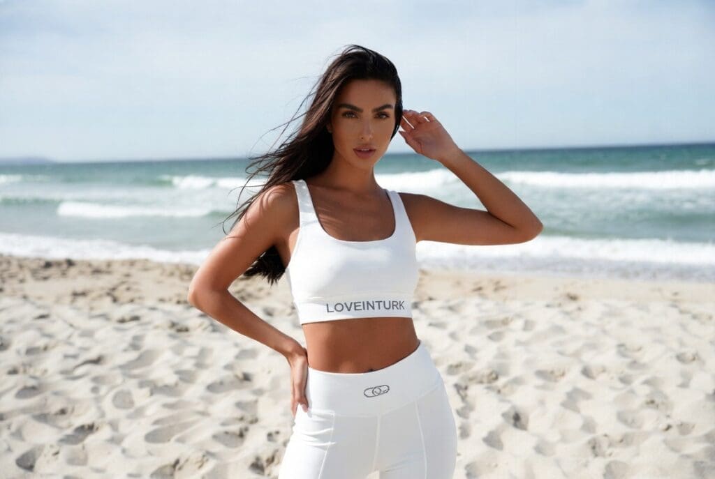 Şile kumsalında LoveinTURK markalı kıyafetle poz veren escort bayan, yazlık ve hafta sonu odaklı premium deneyim.