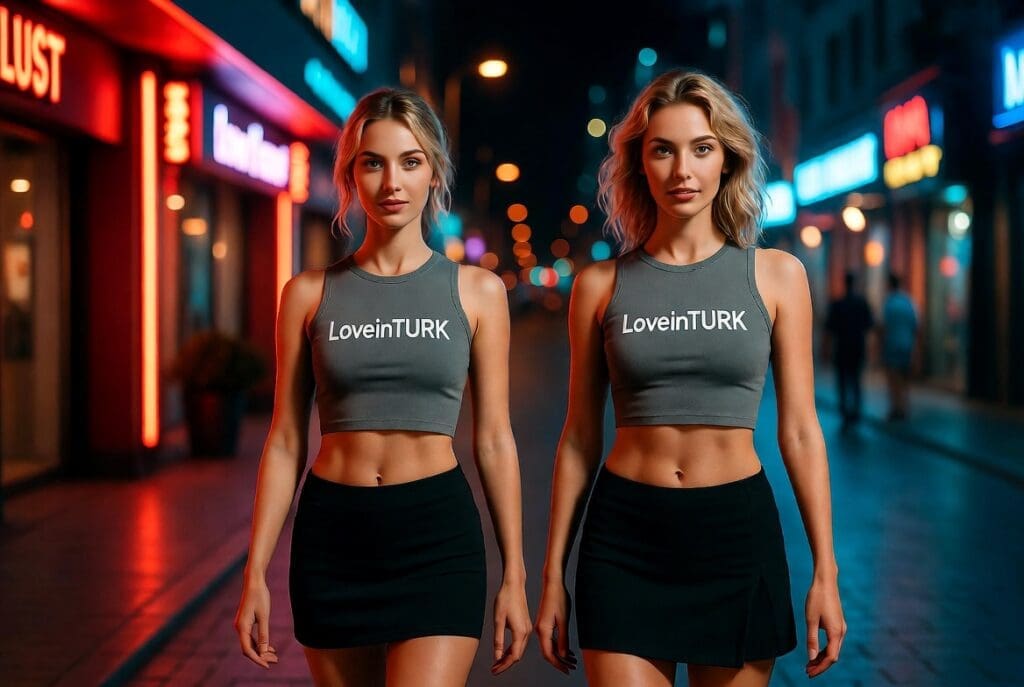 Marmaris Escort Sezon Rehberi Marmaris’te tatil gecesinde LoveinTURK yazılı askılı crop üstlerle yürüyen iki kadın, modern sokak stili ve turistik eğlenceyi yansıtıyor.