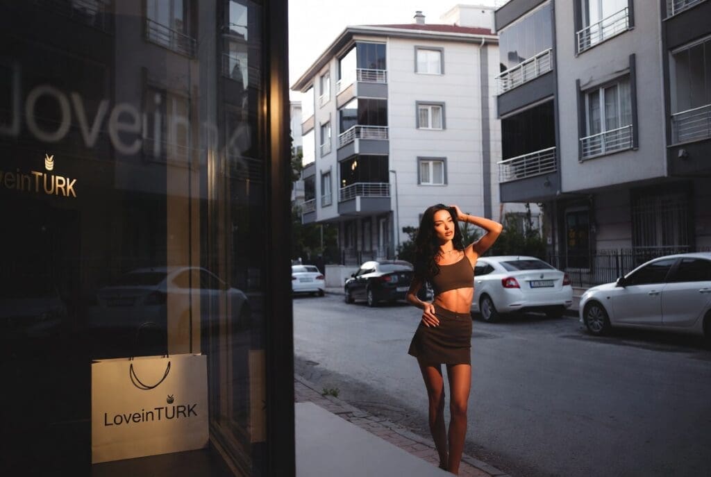 Modern Sancaktepe şehir yaşamında, LoveinTURK detayı bulunan cesur kombinli kadın