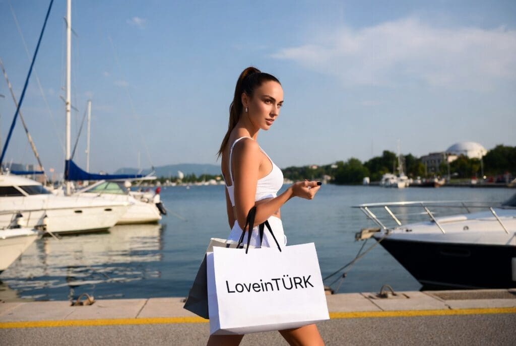 Tuzla Marina’da alışveriş yapan, LoveinTURK yazılı çanta taşıyan şık ve dikkat çekici kadın